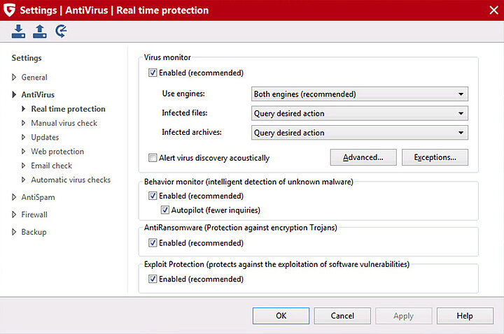 G DATA Antivirus Settings